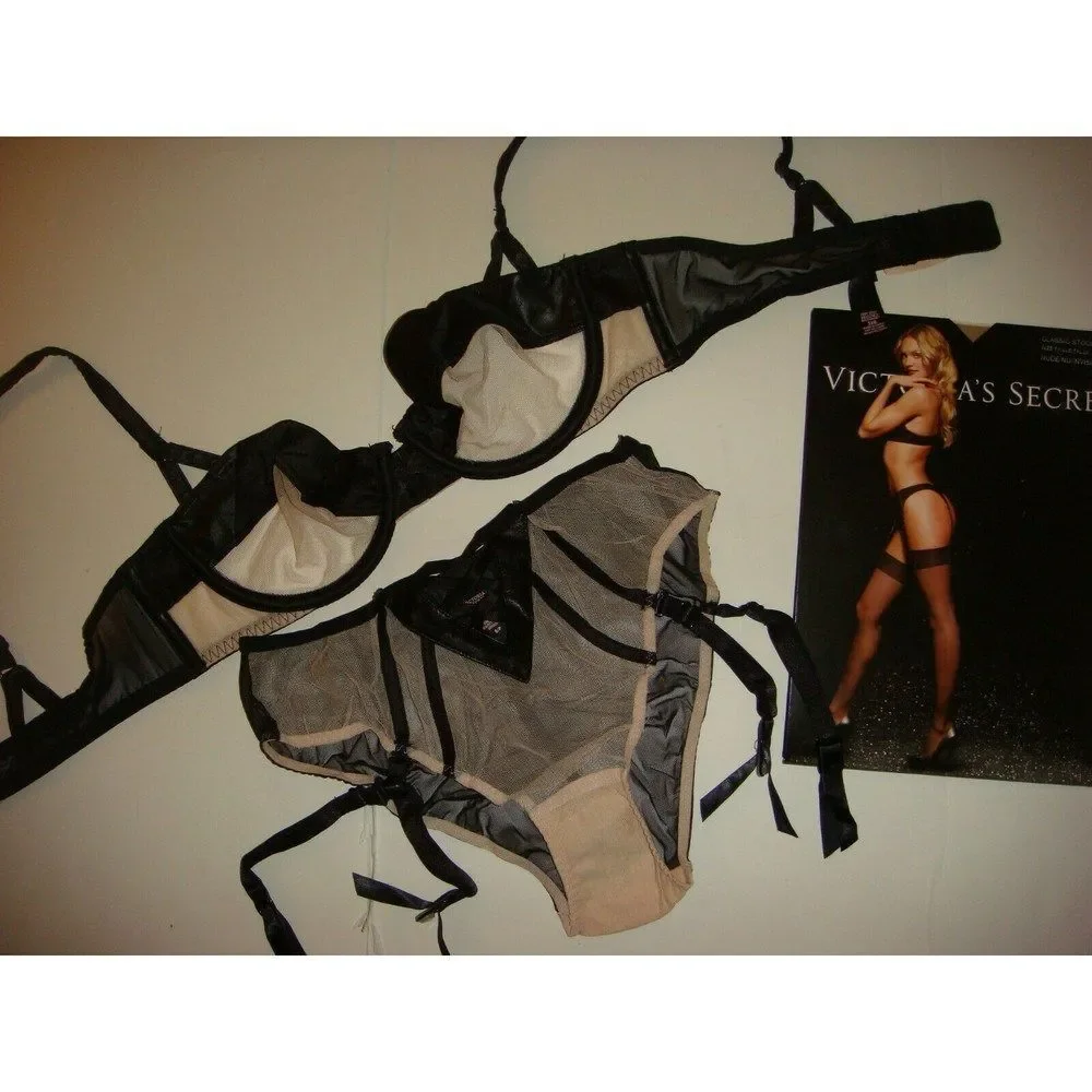 Victoria's Secret unlined 34B BRA SET+CORSET+GARTER panty NUDE Beige Black satin